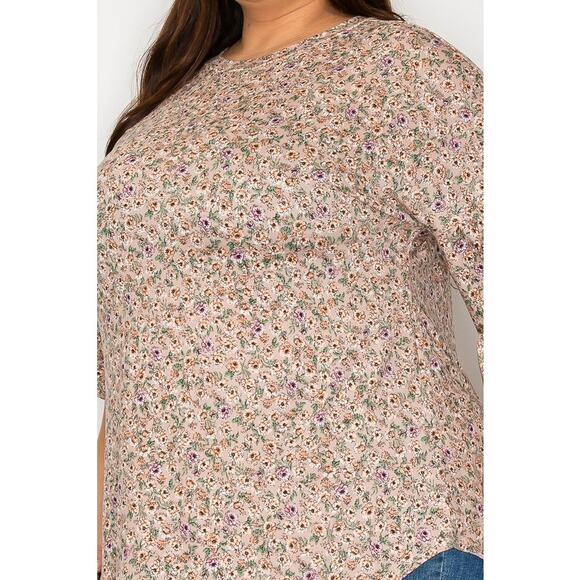 057 Curvy Lovey Flower Print Tunic Top With Double Ruffle Sleeves in Taupe - Picture 4 of 5